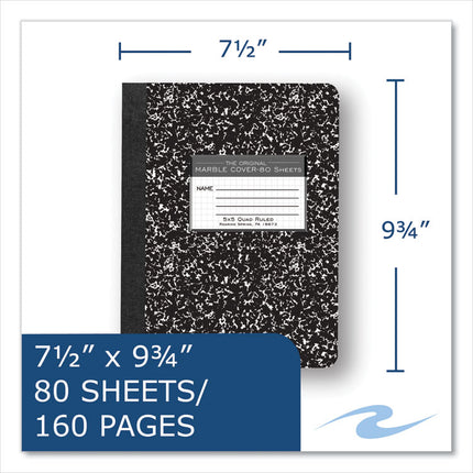 Hardcover Marble Composition Book, Quadrille Rule (5 sq/in), Black Marble Cover, (80) 9.75 x 7.5 Sheets, 48/Carton