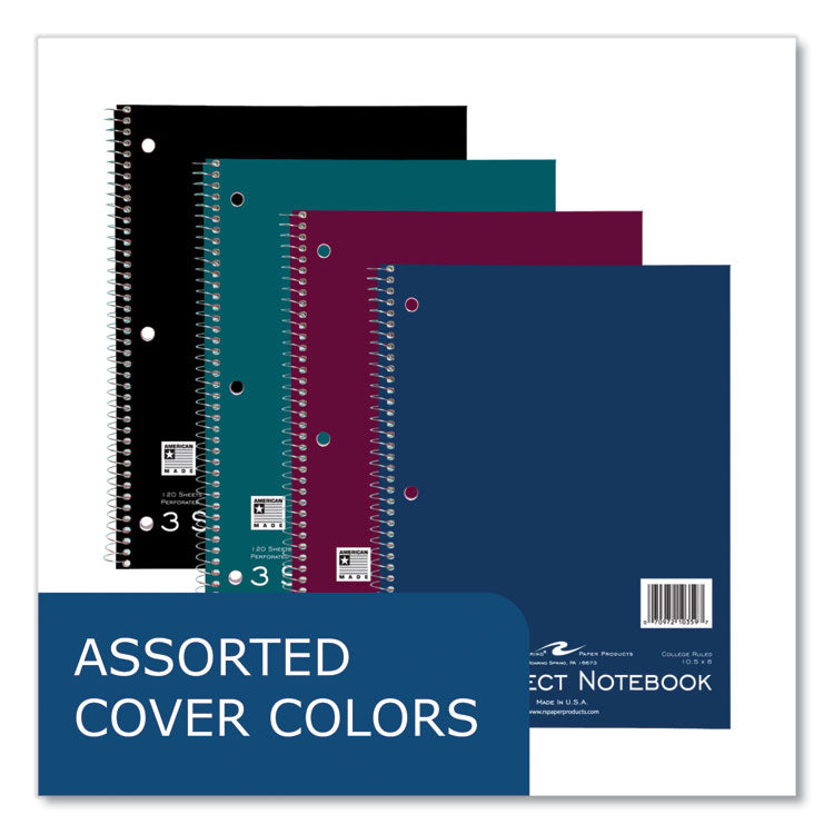Subject Wirebound Notebook, 3-Subject, Medium/College Rule, Assorted Cover Colors, (120) 10.5 x 8 Sheets, 24/Carton