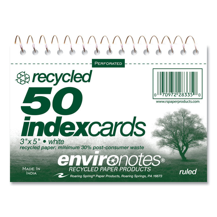 Environotes Wirebound Recycled Index Cards, Narrow Rule, 3 x 5, White, 50 Cards, 24/Carton