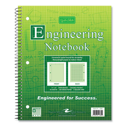 Wirebound Engineering Notebook, 20 lb Bond Paper Stock, Green Cover, (80) 11 x 8.5 Sheets, 24/Carton