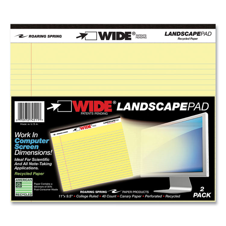 WIDE Landscape Format Writing Pad, Medium/College Rule, 40 Canary 11 x 9.5 Sheets, 18/Carton