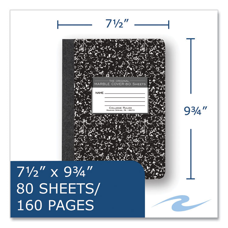 Hardcover Marble Composition Book, Medium/College Rule, Black Marble Cover, (80) 9.75 x 7.5 Sheets, 48/Carton