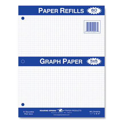Graph Filler Paper, 3-Hole, 8.5 x 11, Quadrille: 5 sq/in, 80 Sheets/Pack, 24 Packs/Carton