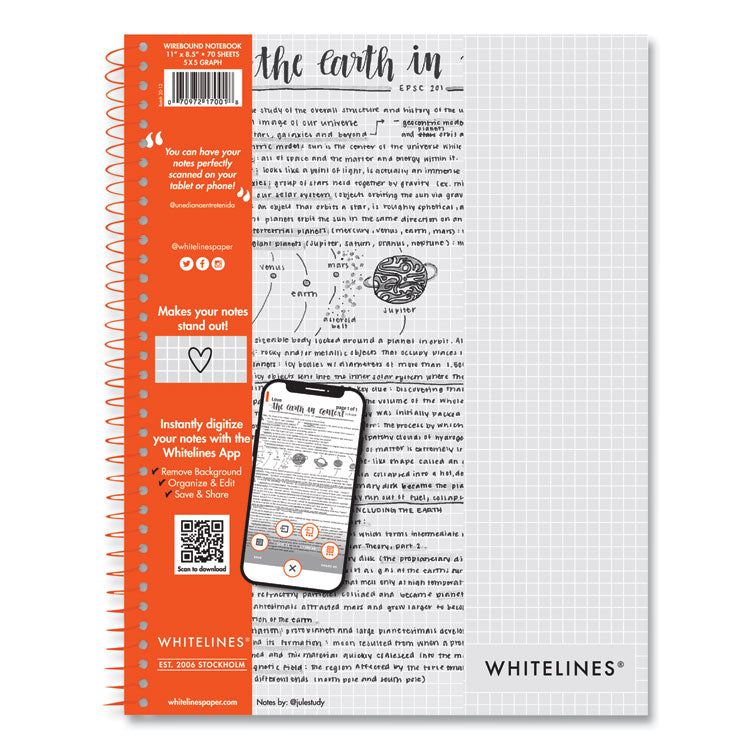 Whitelines Notebook, Quadrille Rule (5 sq/in), Gray/Orange Cover, (70) 11 x 8.5 Sheets, 12/Carton