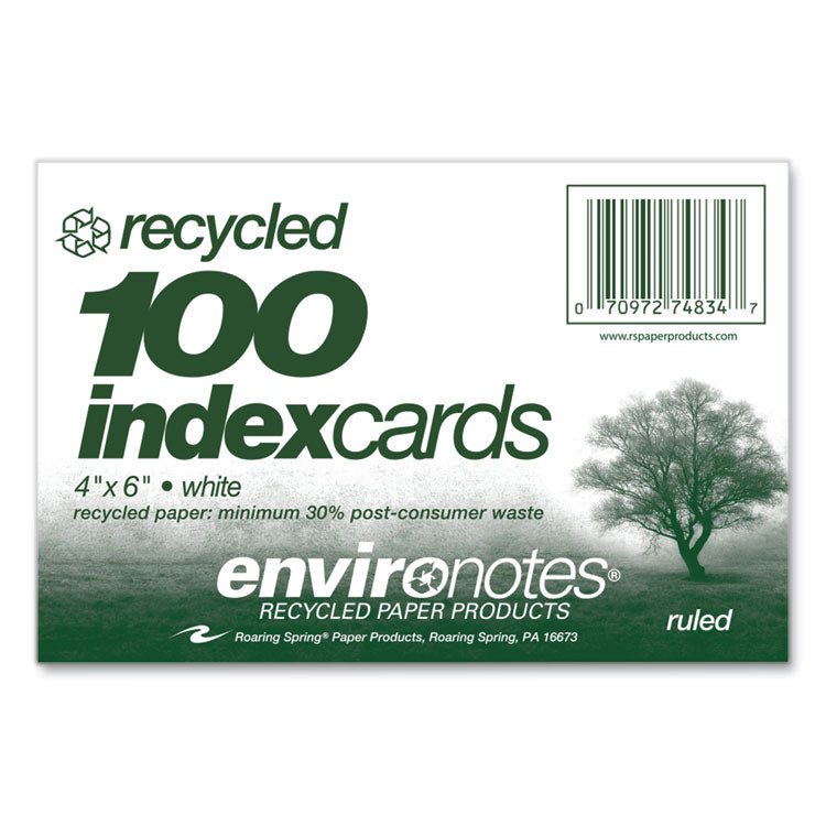 Environotes Recycled Index Cards, Narrow Ruled, 4 x 6, White, 100 Cards, 36/Carton
