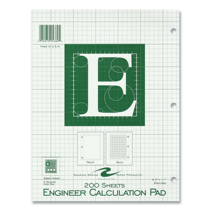 Engineer Pad, (0.5" Margins), Quad Rule (5 sq/in, 1 sq/in), 200 Light Green 8.5 x 11 Sheets/Pad, 12/Carton