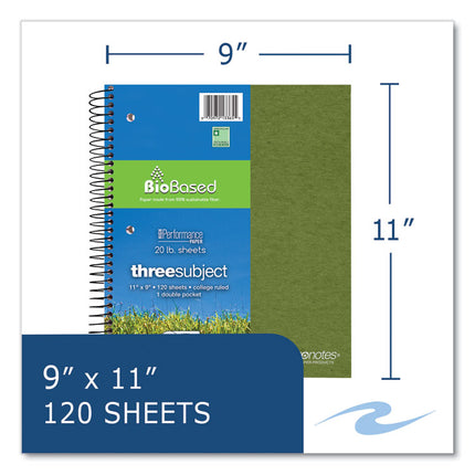 Earthtones BioBased Paper Notebook, 3-Subject, College Rule, Randomly Assorted Cover Colors, (120) 11 x 9 Sheets, 24/Carton