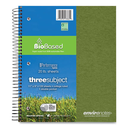 Earthtones BioBased Paper Notebook, 3-Subject, College Rule, Randomly Assorted Cover Colors, (120) 11 x 9 Sheets, 24/Carton
