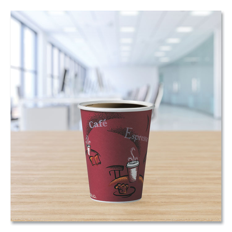 Paper Hot Drink Cups in Bistro Design, 12 oz, Maroon, 50/Pack