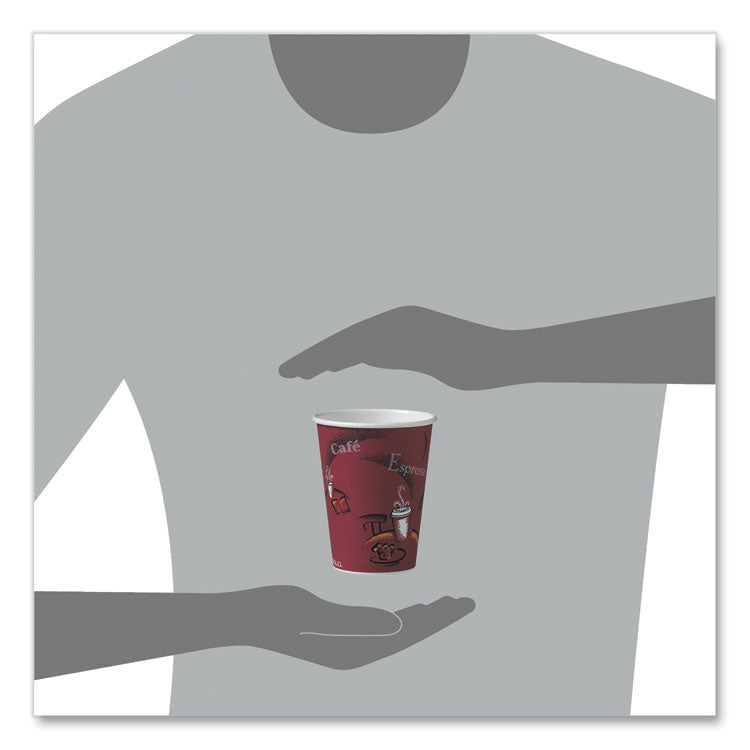 Paper Hot Drink Cups in Bistro Design, 12 oz, Maroon, 50/Pack