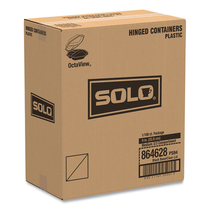 OctaView Hinged-Lid Cold Food Containers, 3 Compartments, 36 oz, 9.57 x 9.2 x 2.4, Black/Clear, Plastic, 100/Carton