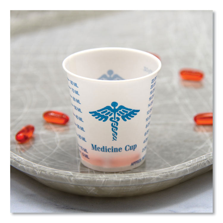 Paper Medical and Dental Graduated Cups, 3 oz, Paper, White/Blue, 100/Bag, 50 Bags/Carton