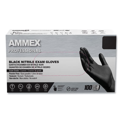 AMMEX Nitrile Exam Gloves, Powder-Free, X-Large, 3 mil Thick, 9.5" Long, Black, 100/Box, 10 Boxes/Carton