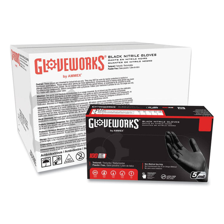 Industrial Nitrile Gloves, Powder-Free, 5 mil, X-Large, Black, 100 Gloves/Box, 10 Boxes/Carton