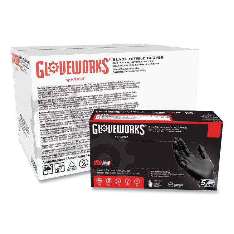 Industrial Nitrile Gloves, Powder-Free, 5 mil, Large, Black, 100 Gloves/Box, 10 Boxes/Carton