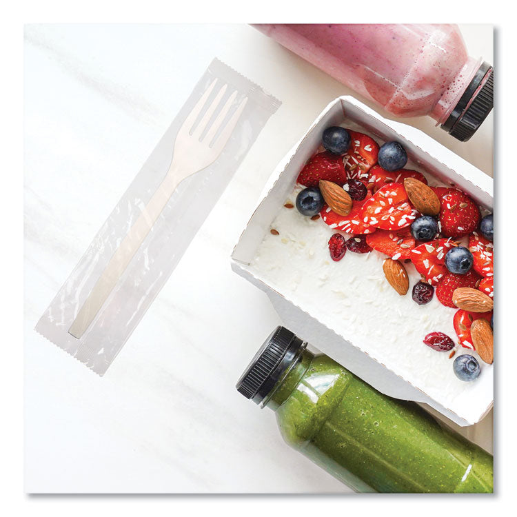 EcoSense Renewable Plant Starch Cutlery, Individually Wrapped, Mediumweight Fork, Plastic, Natural, 750/Carton
