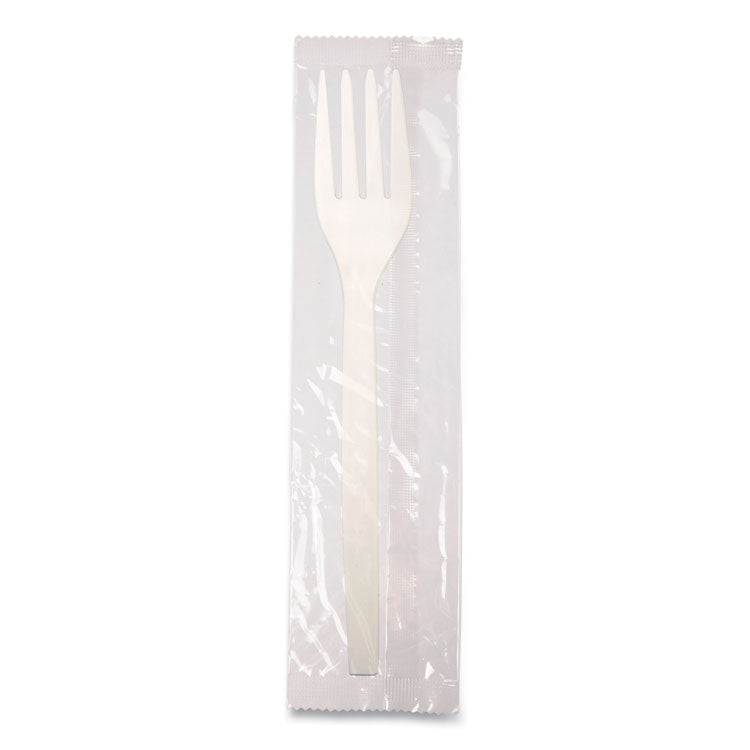 EcoSense Renewable Plant Starch Cutlery, Individually Wrapped, Mediumweight Fork, Plastic, Natural, 750/Carton