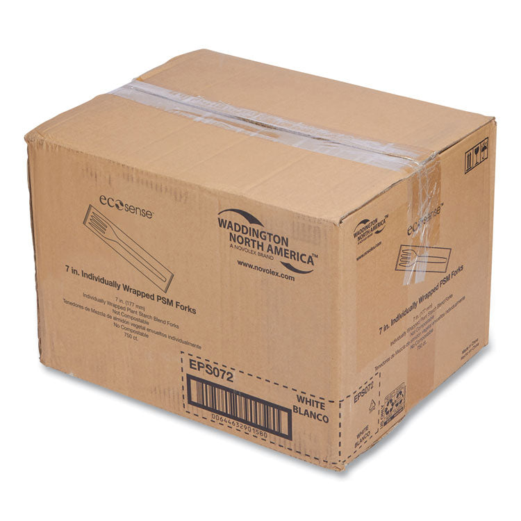 EcoSense Renewable Plant Starch Cutlery, Individually Wrapped, Mediumweight Fork, Plastic, Natural, 750/Carton