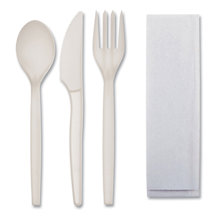 EcoSense Renewable PSM Wrapped Cutlery Kit, Fork/Knife/Napkin/Spoon, Plastic, White, 250/Carton