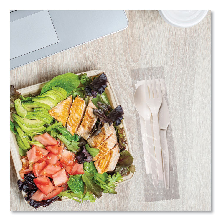 EcoSense Renewable PSM Wrapped Cutlery Kit, Fork/Knife/Napkin/Spoon, Plastic, White, 250/Carton