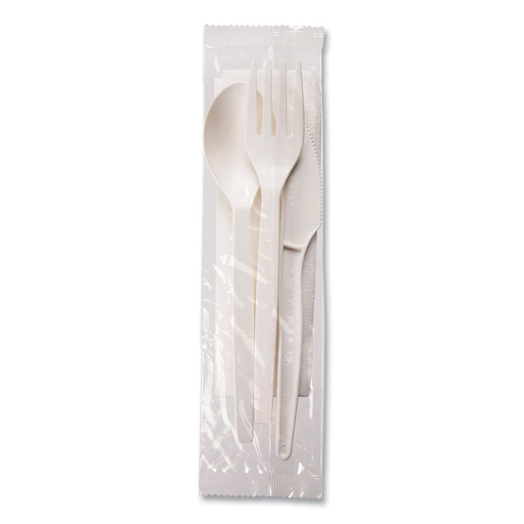 EcoSense Renewable PSM Wrapped Cutlery Kit, Fork/Knife/Napkin/Spoon, Plastic, White, 250/Carton