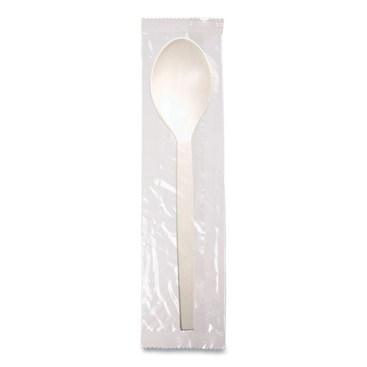 EcoSense Renewable Plant Starch Cutlery, Individually Wrapped, Mediumweight Spoon, Plastic, Natural, 750/Carton
