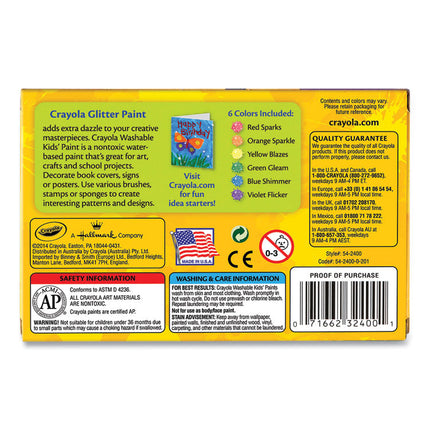 Washable Paint, 6 Assorted Classic Colors, 2 Oz Bottle, 6/pack