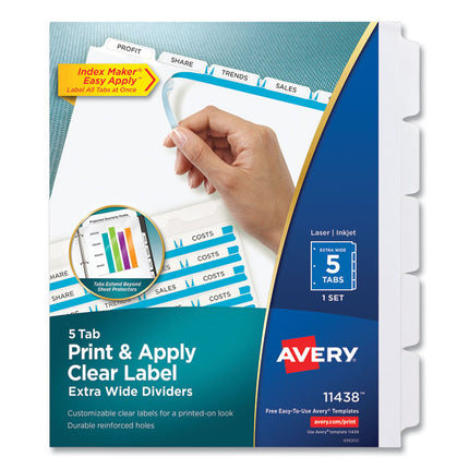 Print and Apply Index Maker Clear Label Dividers, Extra Wide Tab, 5-Tab, White Tabs, 11.25 x 9.25, White, 1 Set