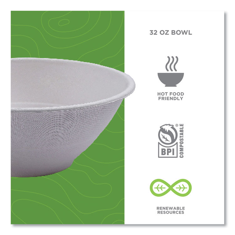 Vanguard Renewable and Compostable Sugarcane Bowls, 32 oz, White, 400/Carton