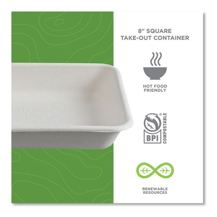 Vanguard Worldview Renewable and Compostable Sugarcane Take-Out Containers, 36 oz, 8 x 8 x 2, White, 200/Carton