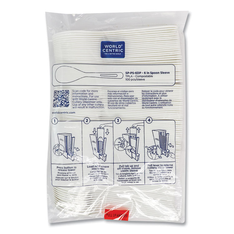 Cutlery Dispenser Refills, Spoon, Plastic, White, 100/Bag, 10 Bags/Carton