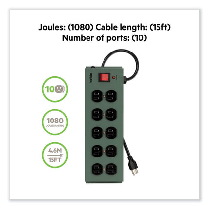 Metal SurgeMaster Surge Protector, 10 AC Outlets, 15 ft Cord, 885 J, Dark Gray