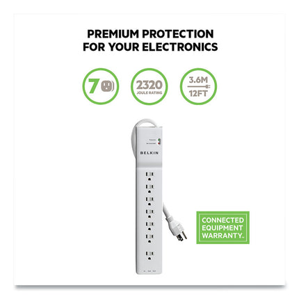 Home/Office Surge Protector, 7 AC Outlets, 12 ft Cord, 2,160 J, White