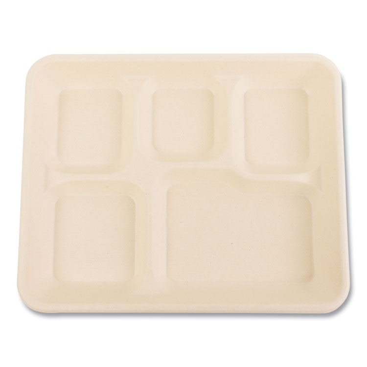 Bagasse PFAS-Free Food Tray, 5 Compartments, 8.26 x 0.98 x 10.9, Tan, Sugarcane, 500/Carton
