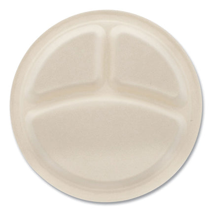 Bagasse PFAS-Free Dinnerware, 3-Compartment Plate, Sugarcane, 10" dia, Tan, 500/Carton