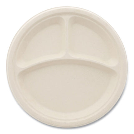 Bagasse PFAS-Free Dinnerware, 3-Compartment Plate, Sugarcane, 10" dia, Tan, 500/Carton