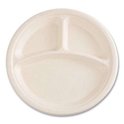 Bagasse PFAS-Free Dinnerware, 3-Compartment Plate, Sugarcane, 10" dia, Tan, 500/Carton