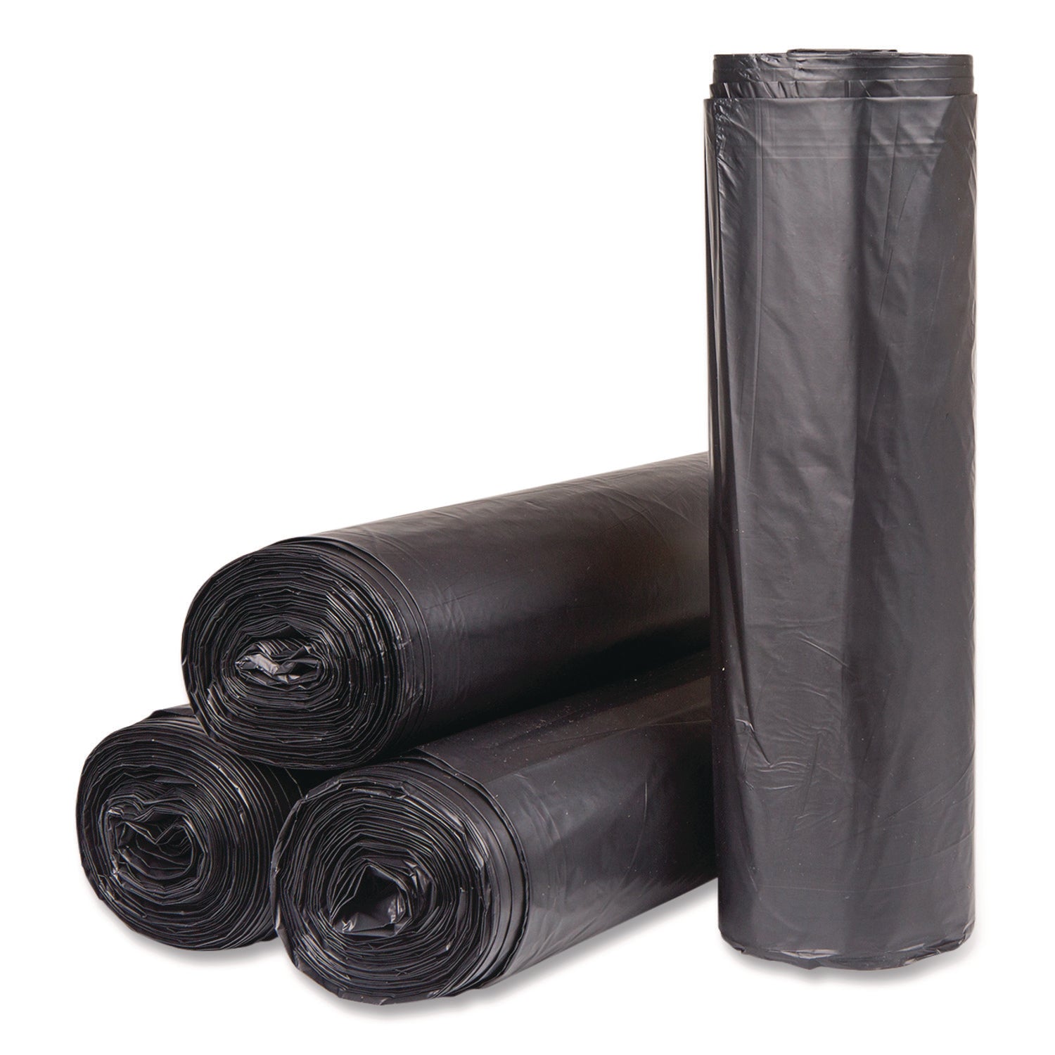 High-Density Commercial Can Liners, 56 gal, 22 mic, 43" x 48", Black, Interleaved Roll, 25 Bags/Roll, 6 Rolls/Carton