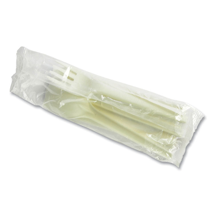 Cutlery Kits, Compostable, General Purpose, Fork/Knife/Napkin/Spoon, Plastic, White, 250/Carton