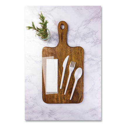Cutlery Kits, Compostable, General Purpose, Fork/Knife/Napkin/Spoon, Plastic, White, 250/Carton