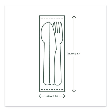 Cutlery Kits, Compostable, General Purpose, Fork/Knife/Napkin/Spoon, Plastic, White, 250/Carton