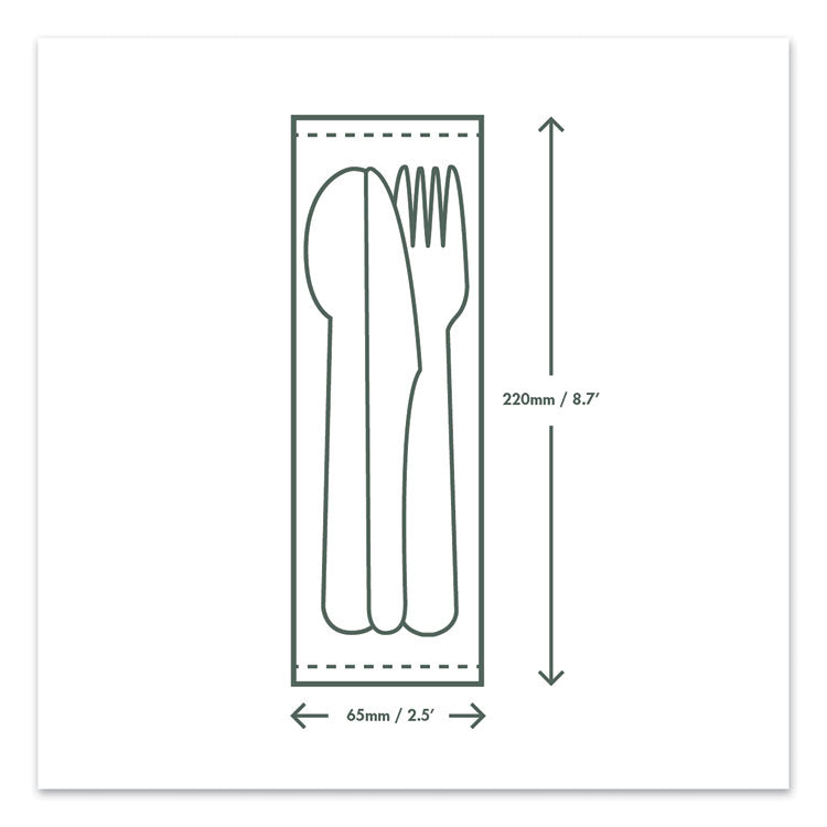 Cutlery Kits, Compostable, General Purpose, Fork/Knife/Napkin/Spoon, Plastic, White, 250/Carton