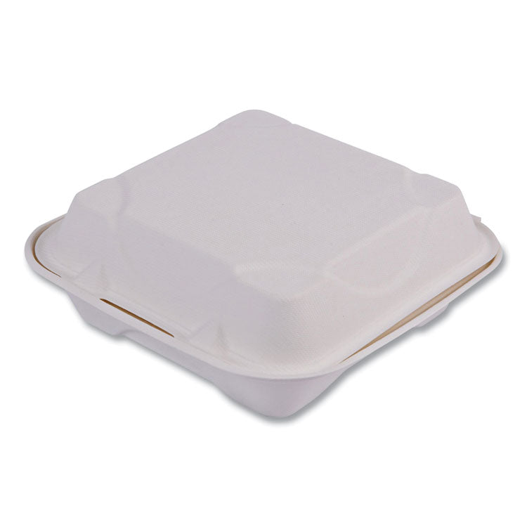 Vanguard Renewable and Compostable Sugarcane Clamshells, 8 x 8 x 3, White, 200/Carton