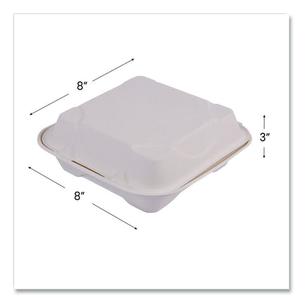 Vanguard Renewable and Compostable Sugarcane Clamshells, 8 x 8 x 3, White, 200/Carton