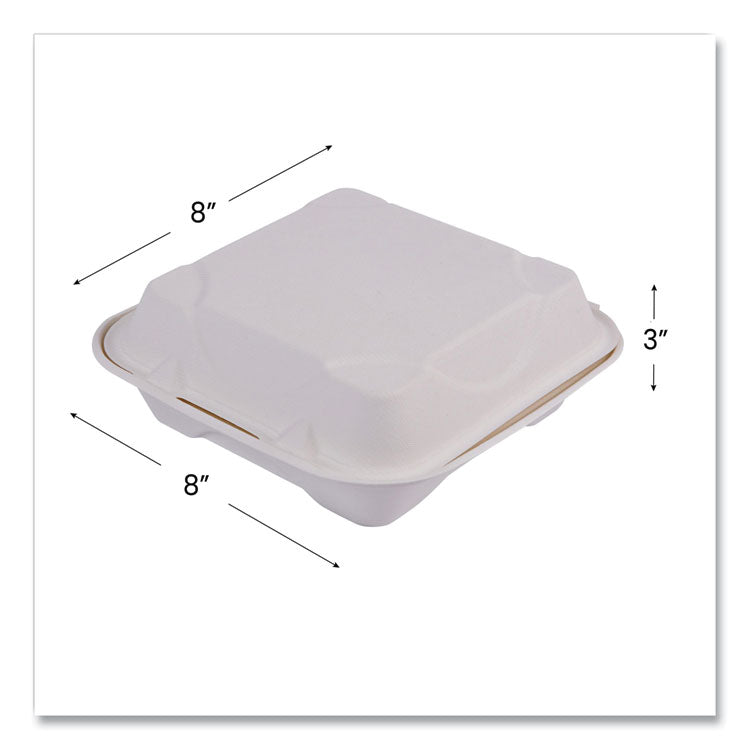 Vanguard Renewable and Compostable Sugarcane Clamshells, 8 x 8 x 3, White, 200/Carton