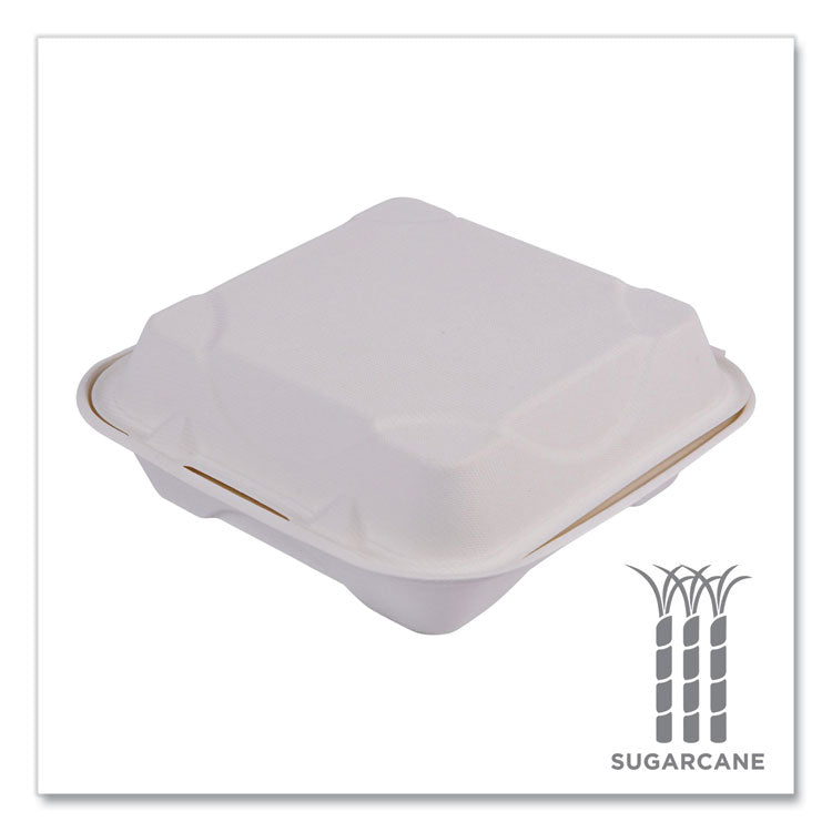 Vanguard Renewable and Compostable Sugarcane Clamshells, 8 x 8 x 3, White, 200/Carton
