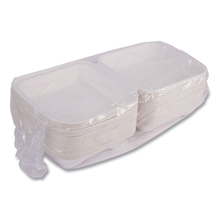 Vanguard Renewable and Compostable Sugarcane Clamshells, 8 x 8 x 3, White, 200/Carton