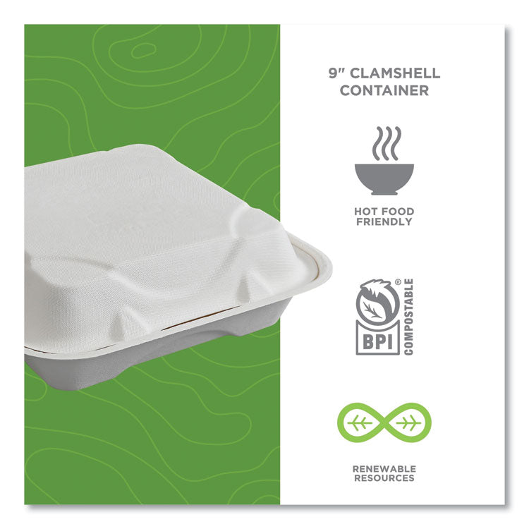 Vanguard Renewable and Compostable Sugarcane Clamshells, 9 x 9 x 3, White, 200/Carton