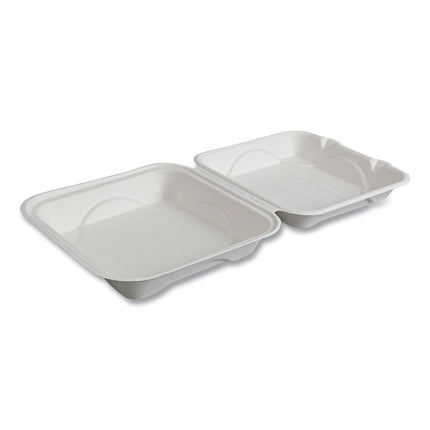 Vanguard Renewable and Compostable Sugarcane Clamshells, 9 x 9 x 3, White, 200/Carton