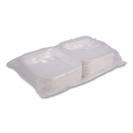 Vanguard Renewable and Compostable Sugarcane Clamshells, 9 x 9 x 3, White, 200/Carton